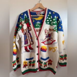 Vintage Brillig Hand Knit Christmas Cardigan Sweater Santa Train Scene